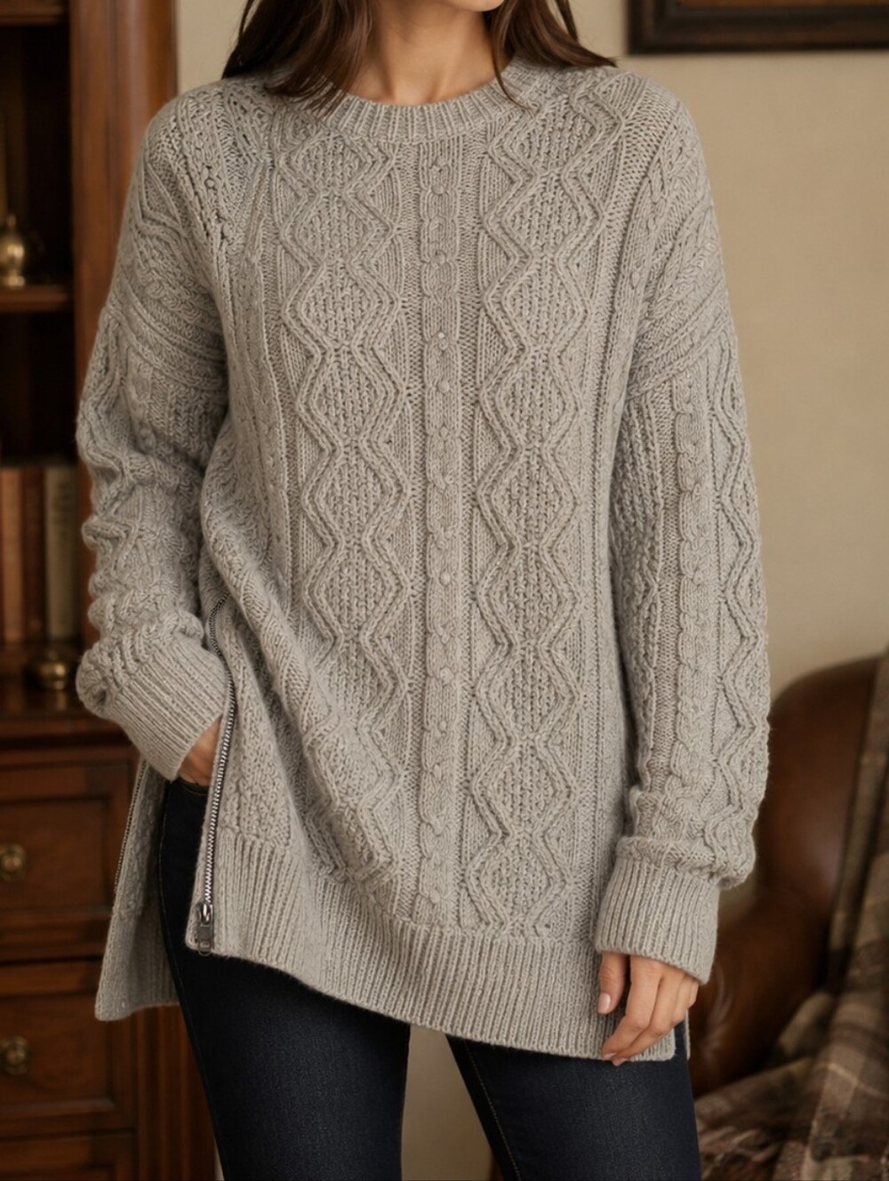 J.Crew 100% Wool Fisherman Cable Knit Sweater Gray Oversized Side Zip M Heritage